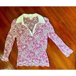 Vintage 90s Y2K Cache White Hot Pink Crop Sheer Lace Floral Shirt Med Large Brat